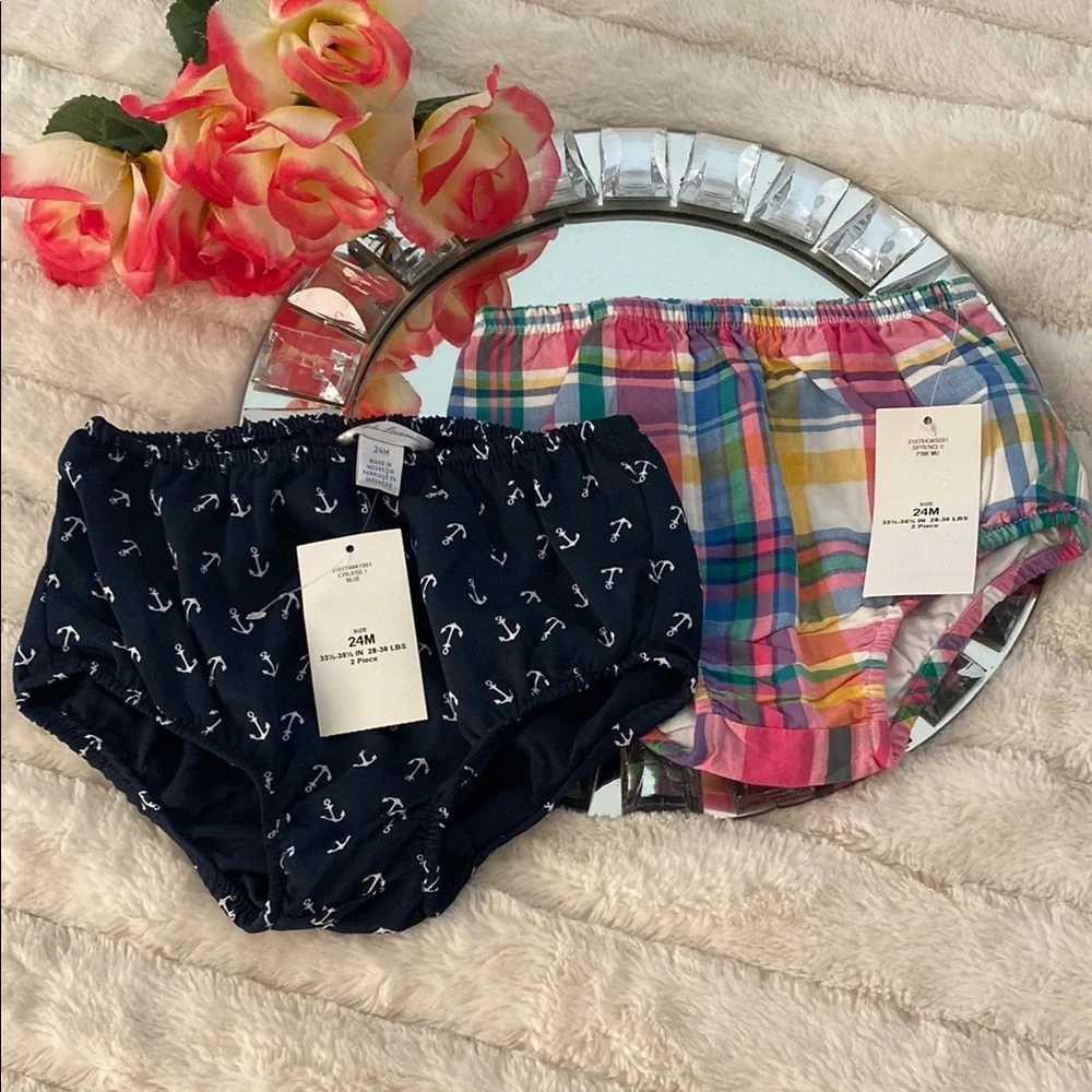 New Ralph Lauren Multicolor Plaid and Navy Anchor Print Bloomers 24M